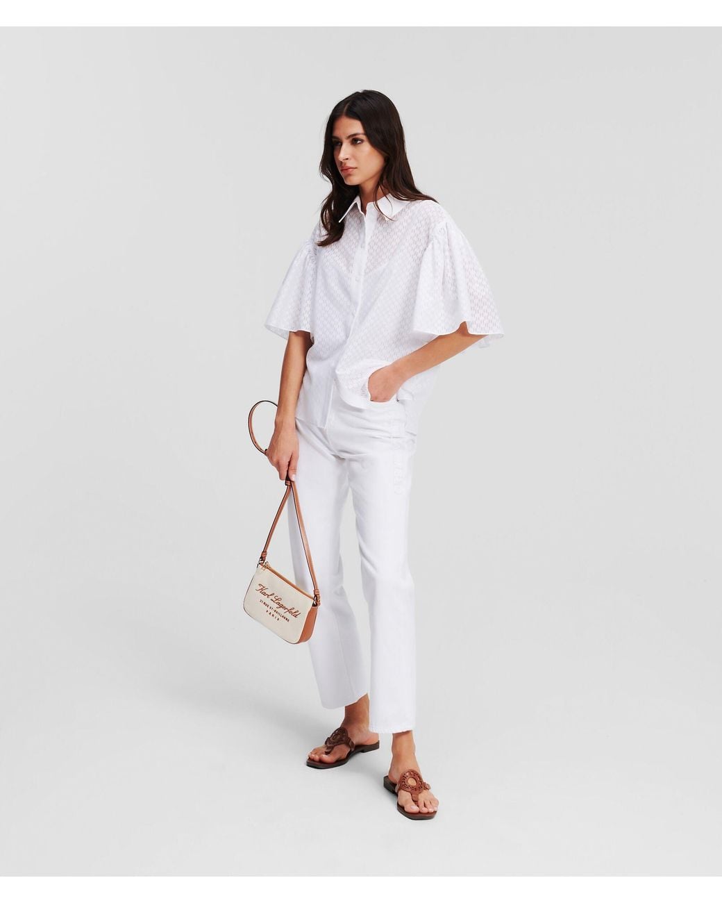 Karl Lagerfeld White Broderie-Anglaise Flared-Sleeve Shirt