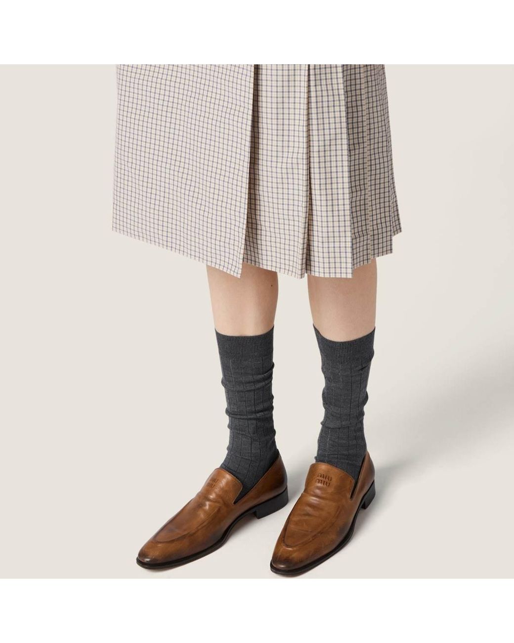 Miu Miu Natural Checked Pleated Midi Skirt