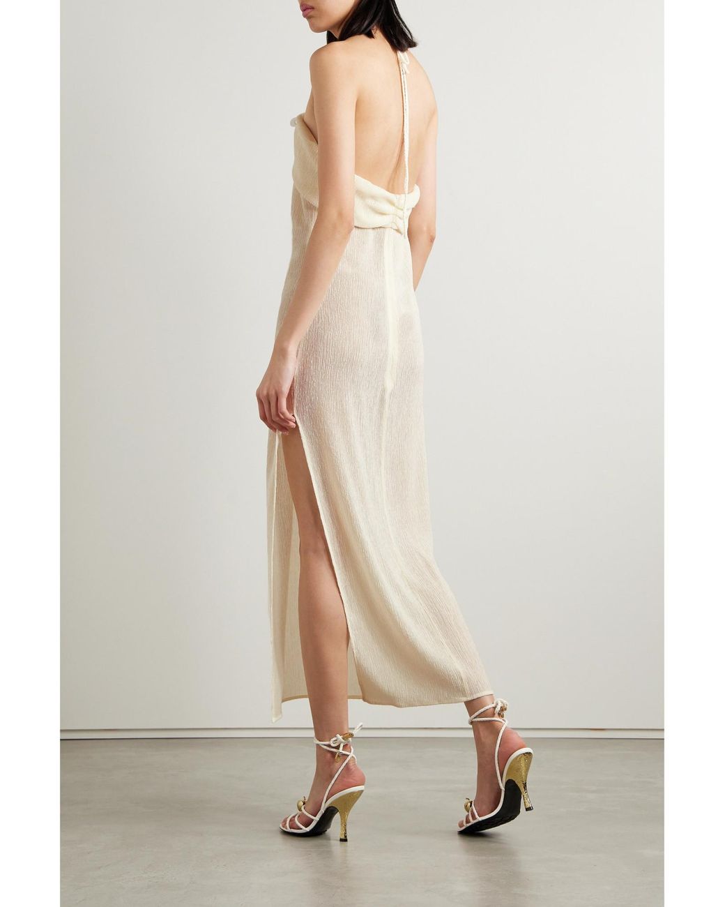 Magda Butrym White Embellished Gathered Stretch Lyocell-Blend Halterneck Maxi Dress