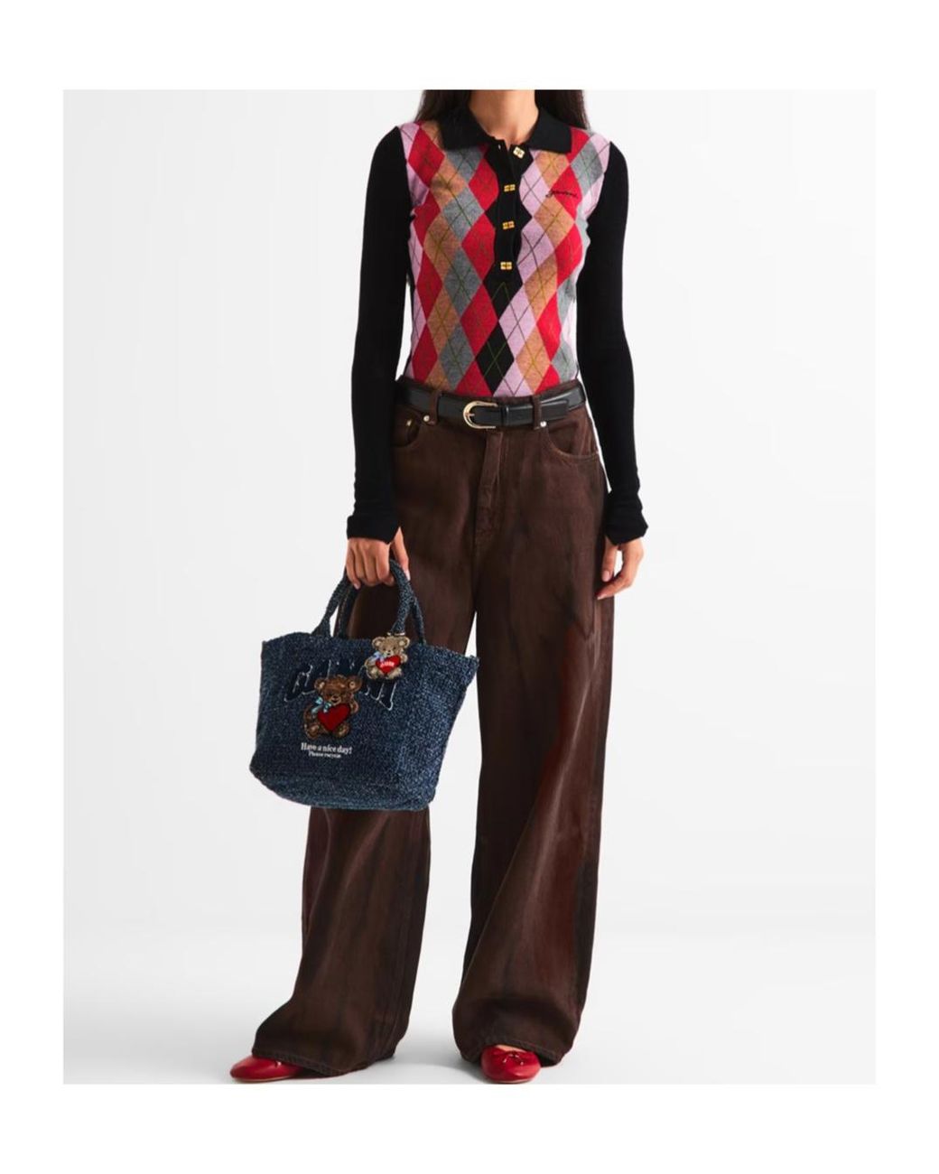 Ganni Red Plaid Long-Sleeved Top