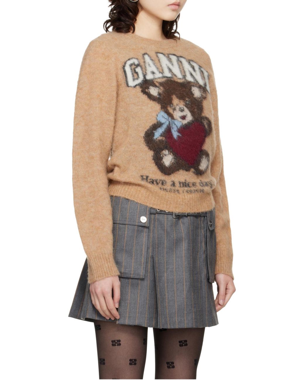 Ganni Pink Graphic Bear Intarsia Knit Jumper