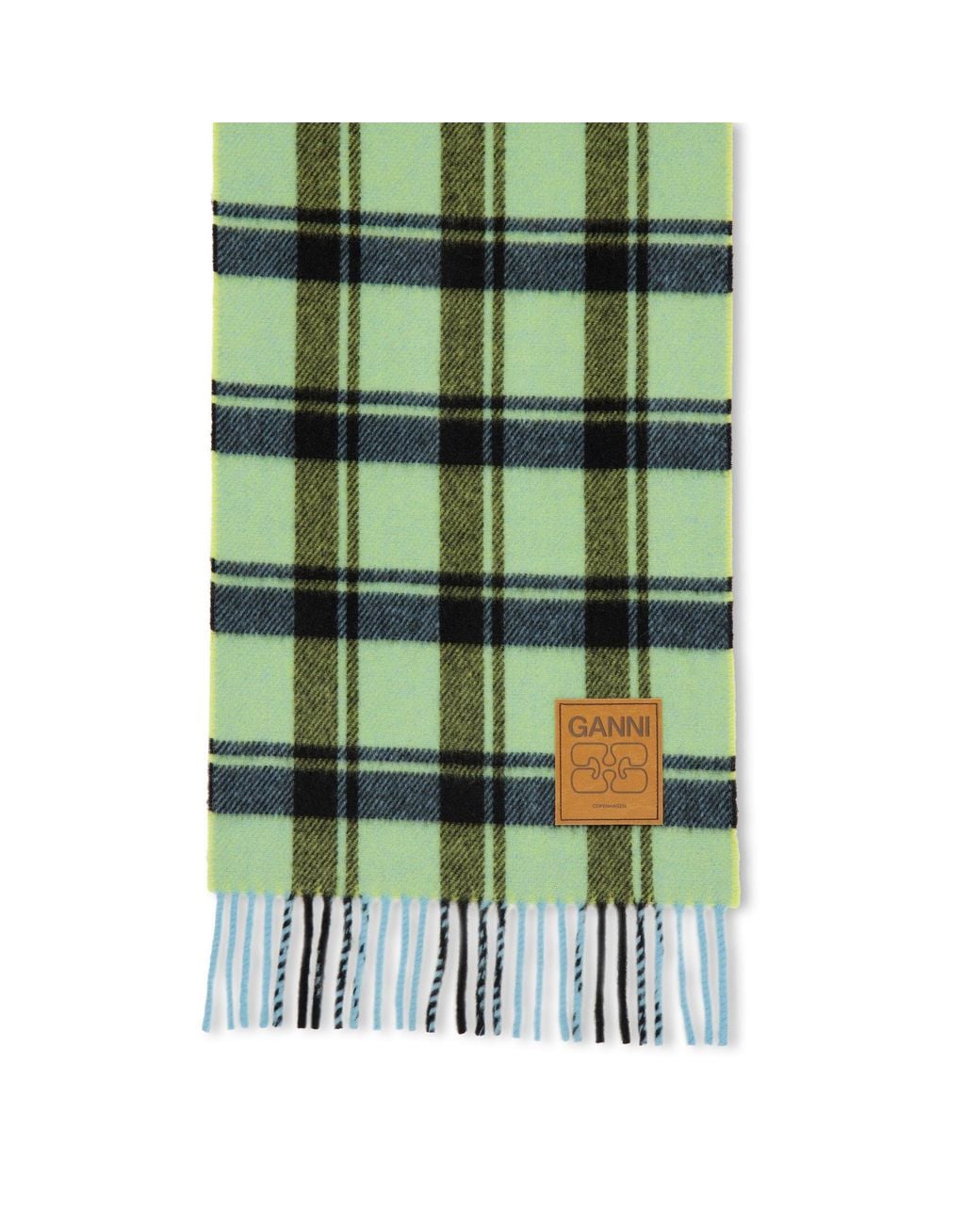 Ganni Green Plaid Wool Scarf