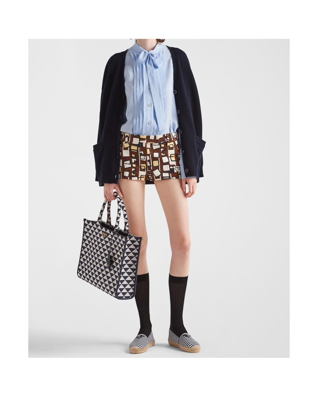 Prada Blue Jacquard Crepe De Chine Blouse