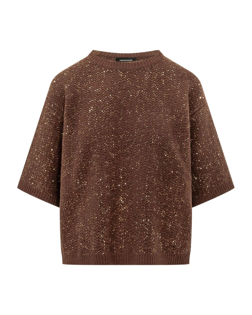 Fabiana Filippi Brown Sequinned Short-Sleeve Knitted Top