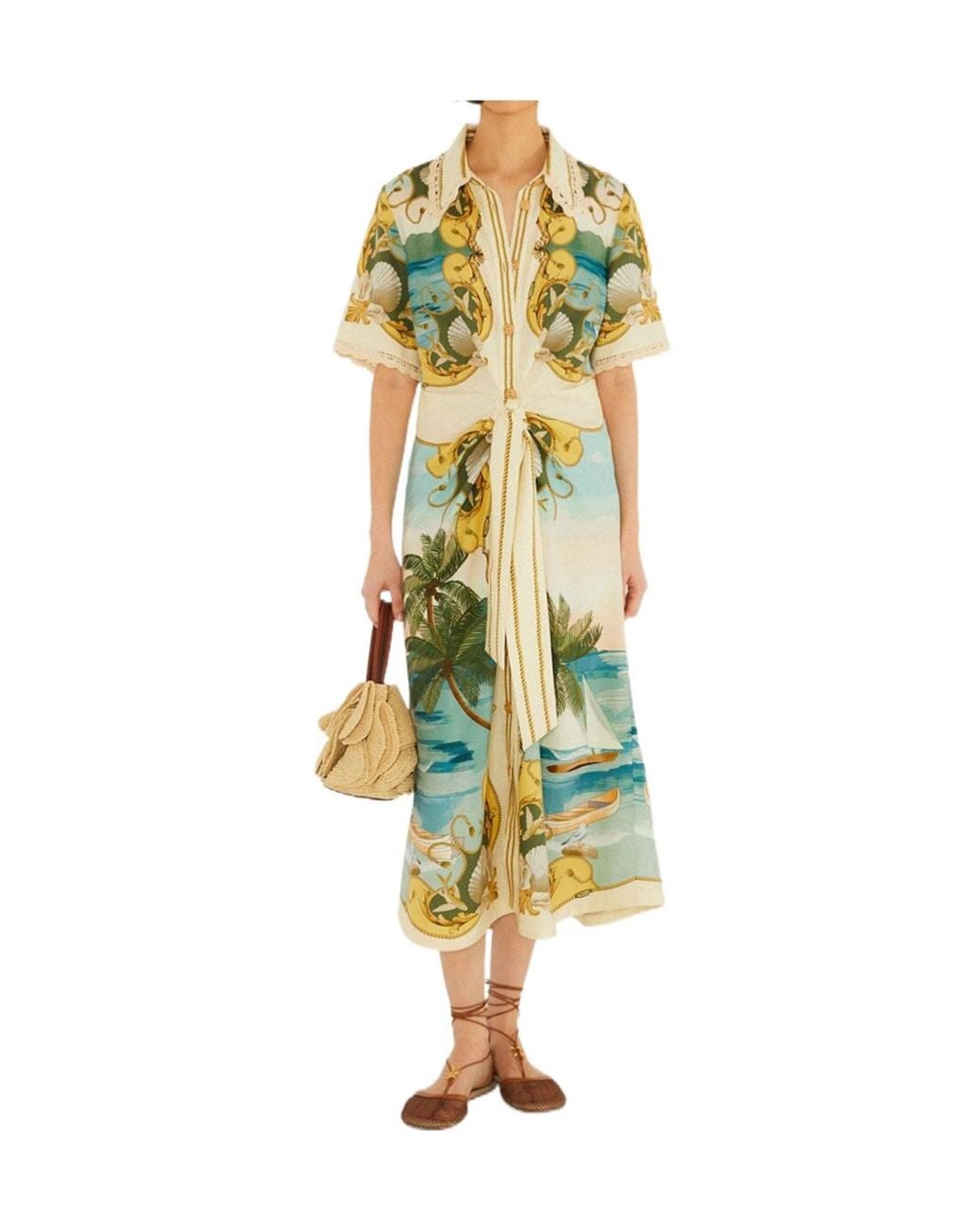 Farm Rio Yellow Pattern-Printed Midi Dress