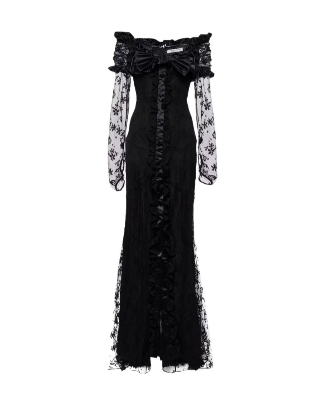 Alessandra Rich Black Bow-Decorated Ruffled Off-Shoulder Lace Dress