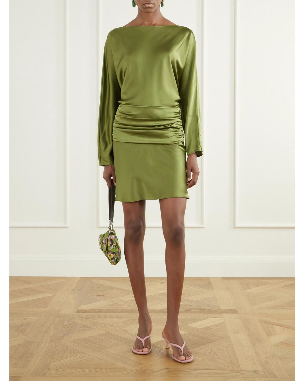 Staud Green Silk Mini Skirt