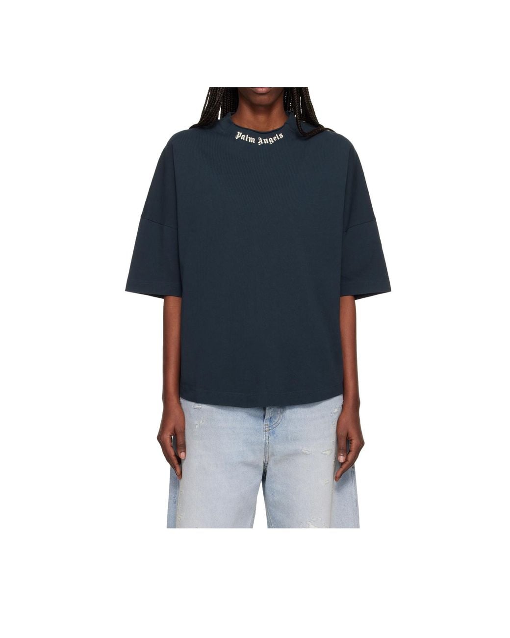 Palm Angels Blue Curved Logo Collar Over Tee Dark