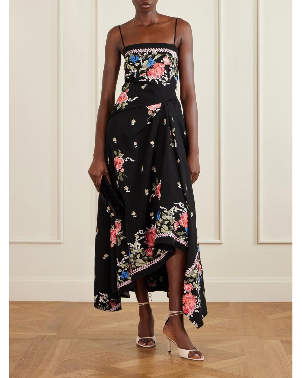 Erdem Black Floral Draped Asymmetric Dress