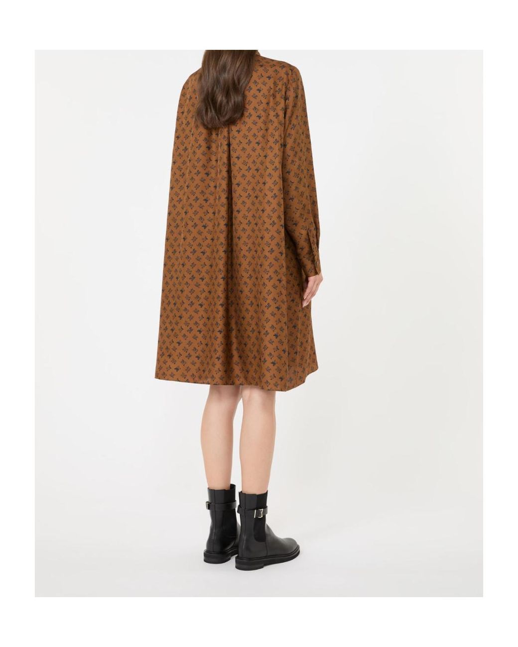 Max Mara Brown Silk Logo-Print Shirt Dress