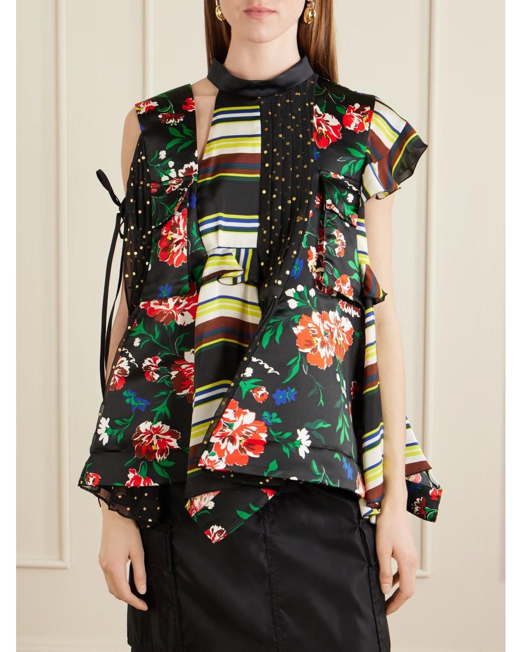 Sacai Black Pattern Mix Printed Ruffled Blouse