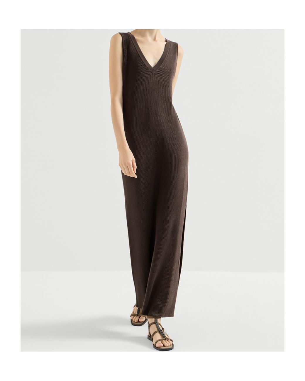 Brunello Cucinelli White Cotton Rib Knit Dress With Monili