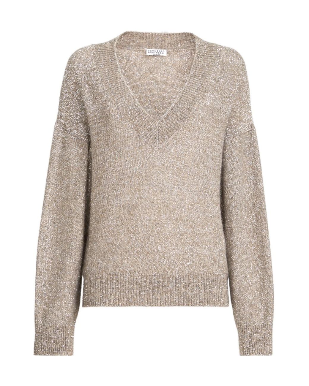 Brunello Cucinelli Natural Sequined V-Neck Knitted Sweater