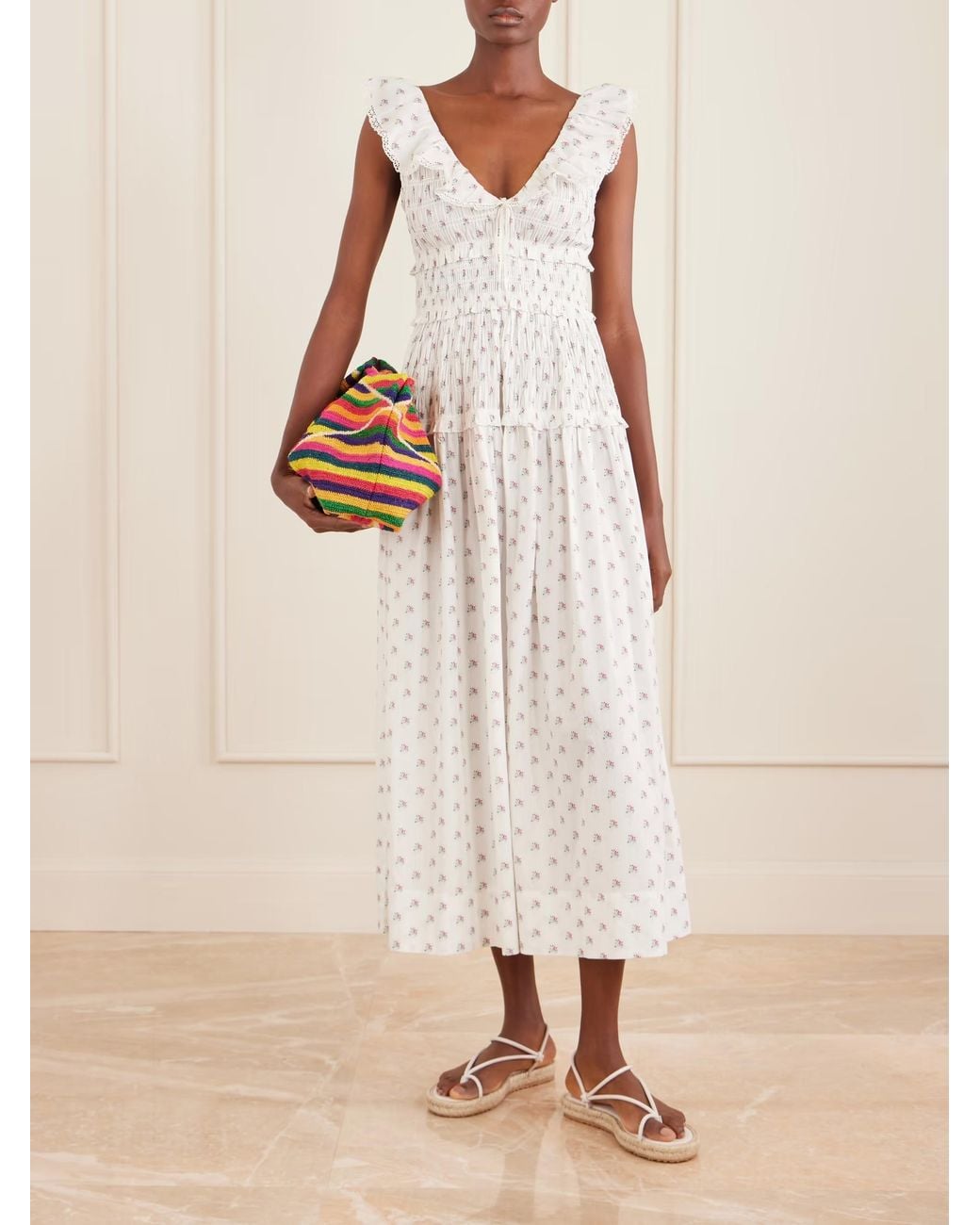 Doen White Sorina Floral-Print Midi Dress