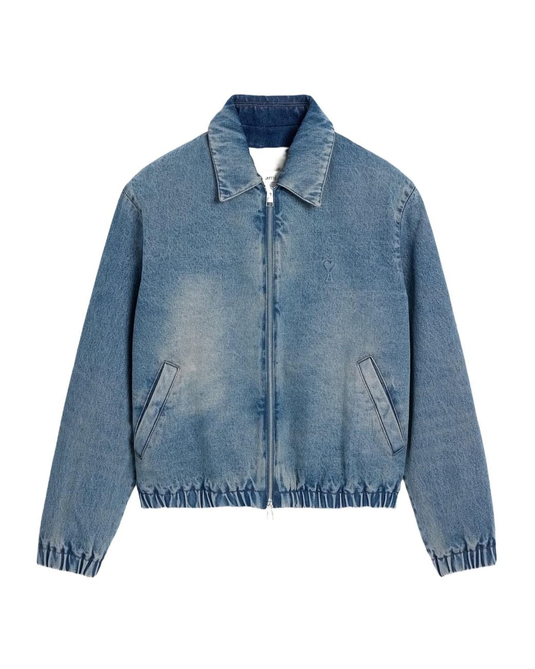 AMI Blue Logo Embossed Zip-Up Denim Jacket for men