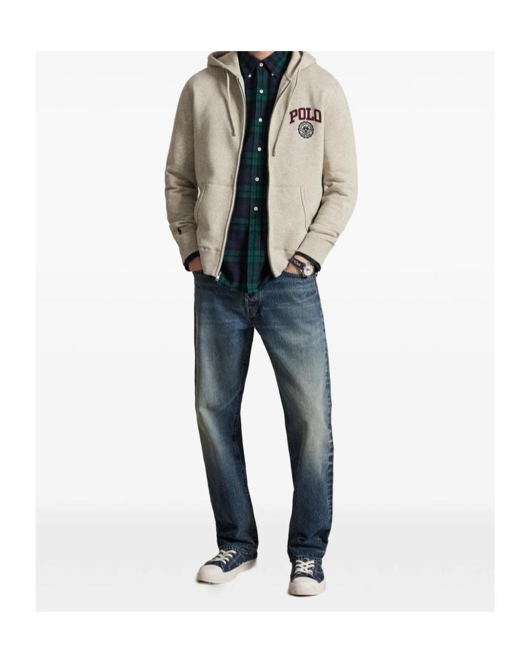 Polo Ralph Lauren White Logo Embroidered Zip-Up Drawstring Hoodie for men