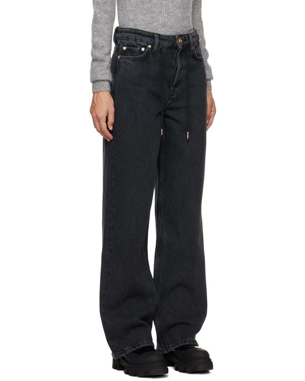 Ganni Blue Drawstring-Fastened Logo Patch Straight-Leg Jeans