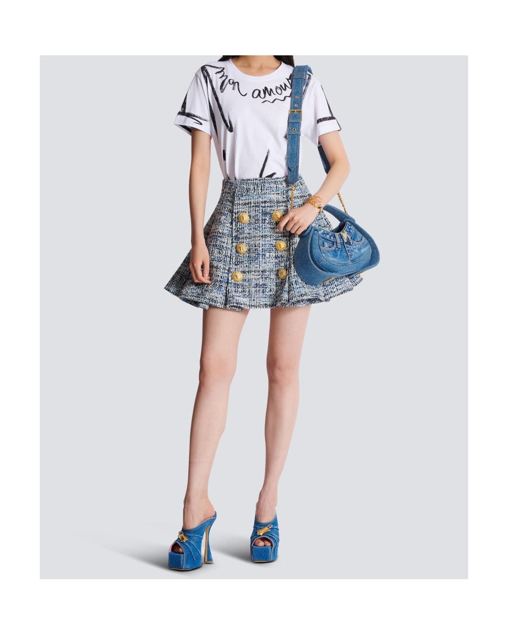 Balmain Blue Tweed Skirt With Pleats