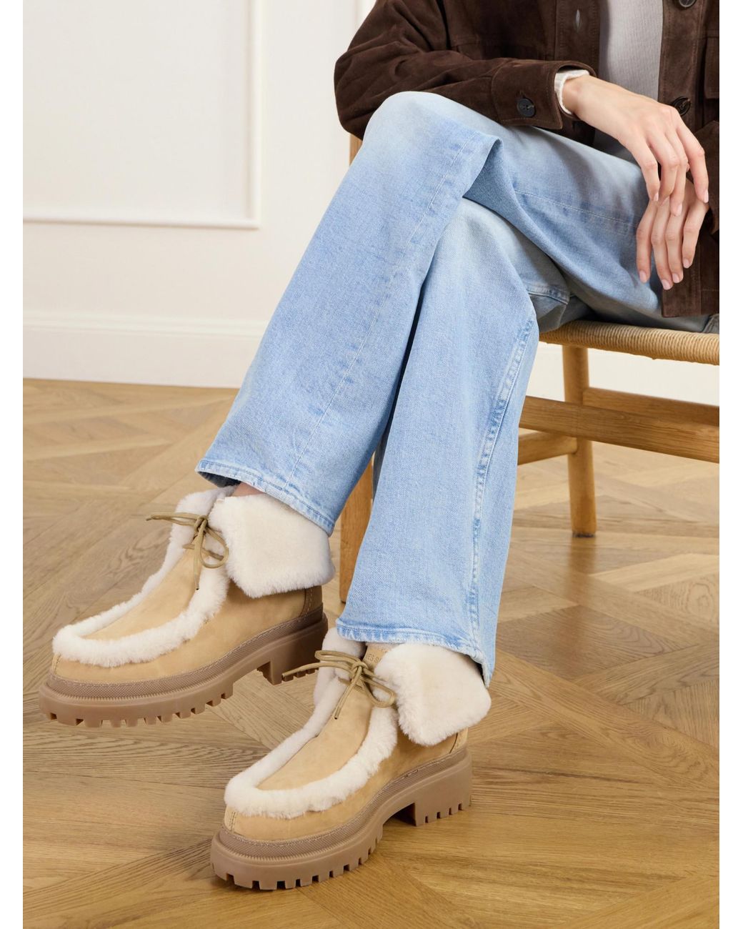Yves Salomon Natural Shearling-Trimmed Suede Ankle Boots