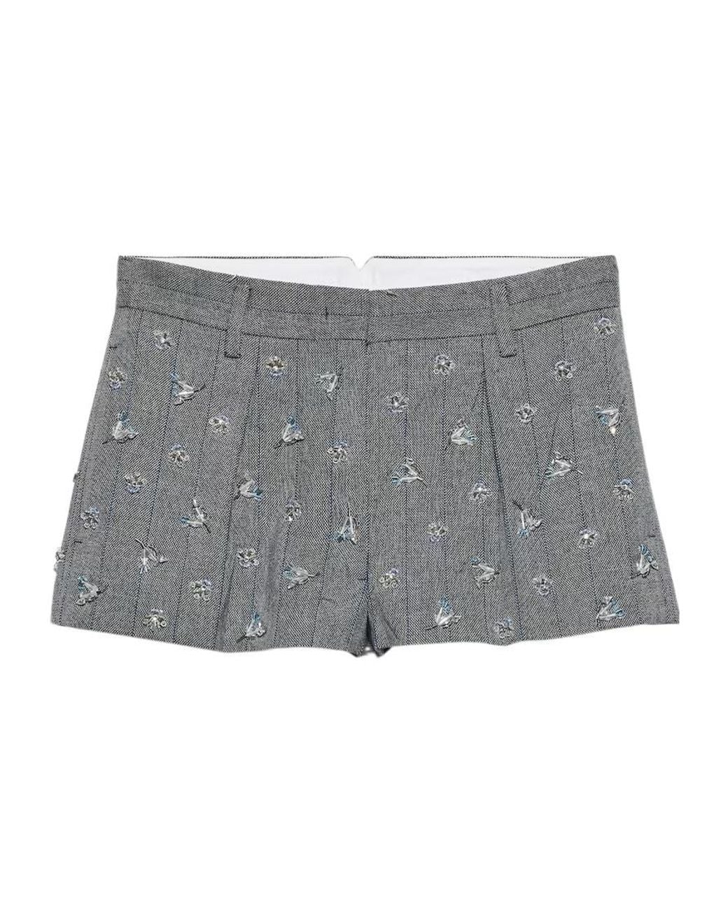 Prada Gray Embroidered Wool Pinstripe Shorts