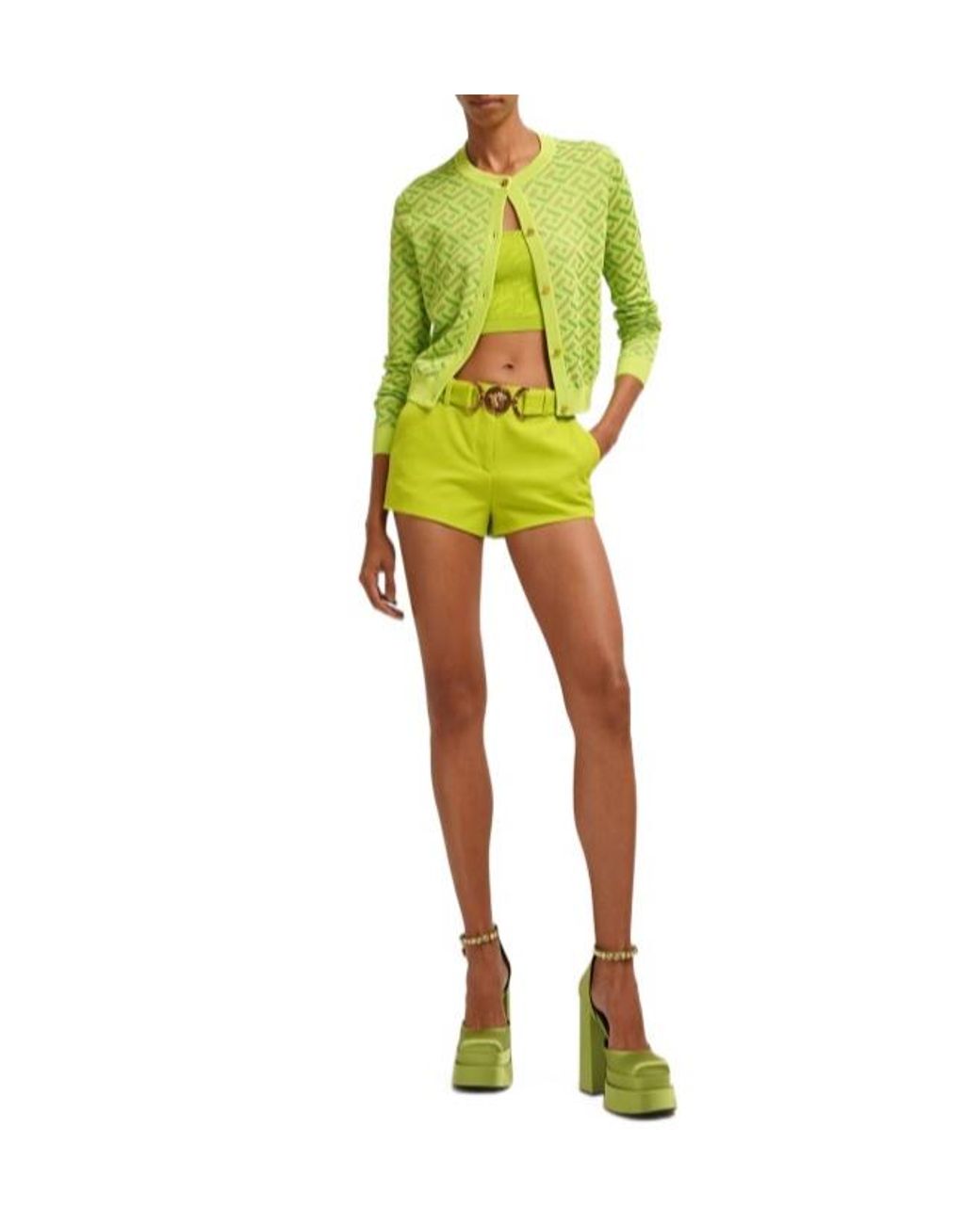 Versace Yellow Logo Belted Wool Twill Mini Shorts