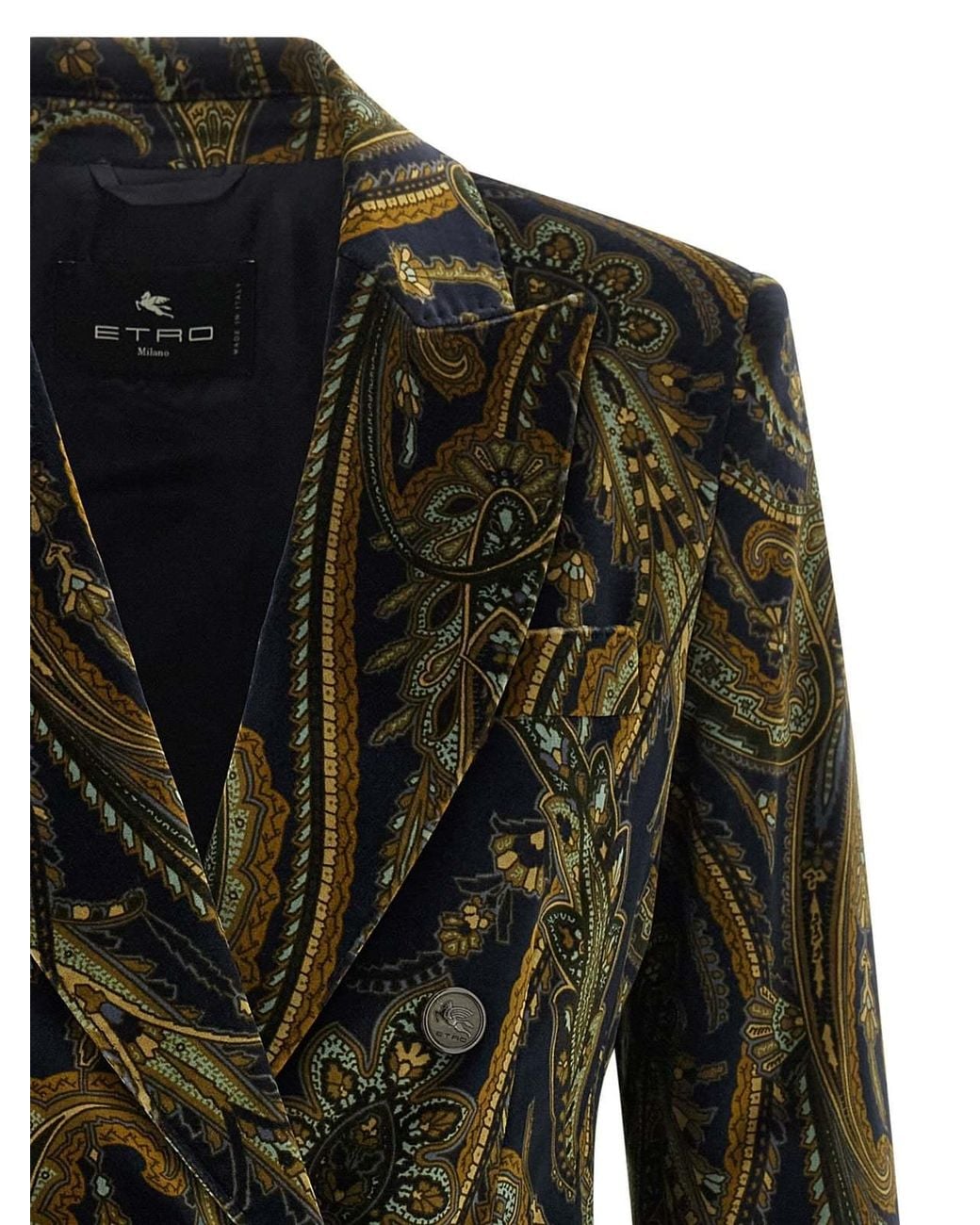 Etro Green Double-Breasted Cotton Velvet Jacket With Floral Overprint