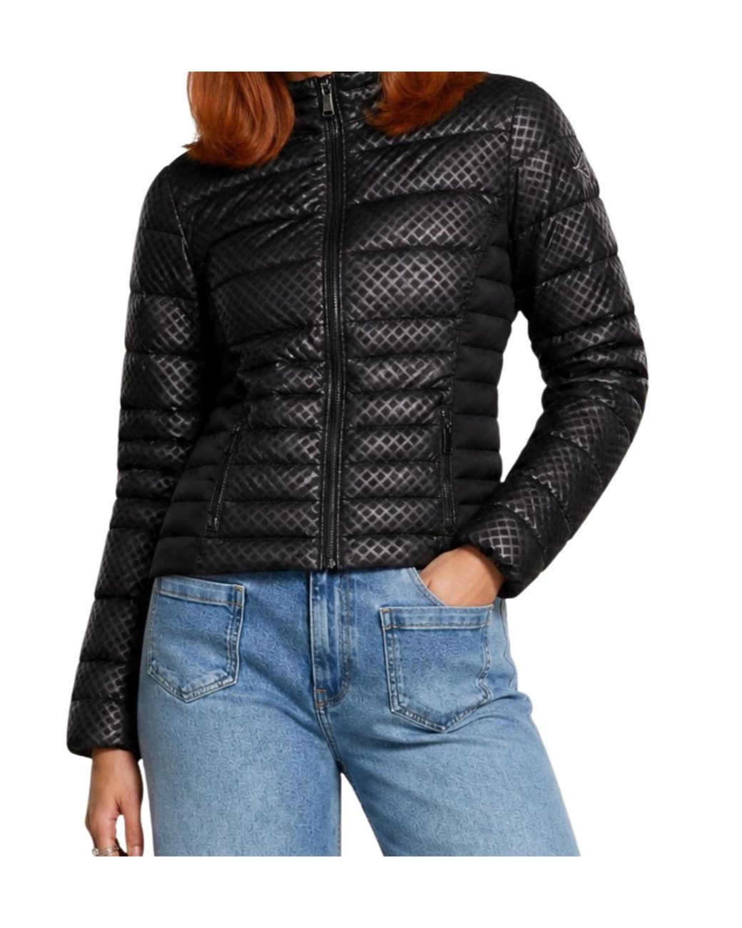 Guess Black Quilted Logo-Patch Puffer Jacket