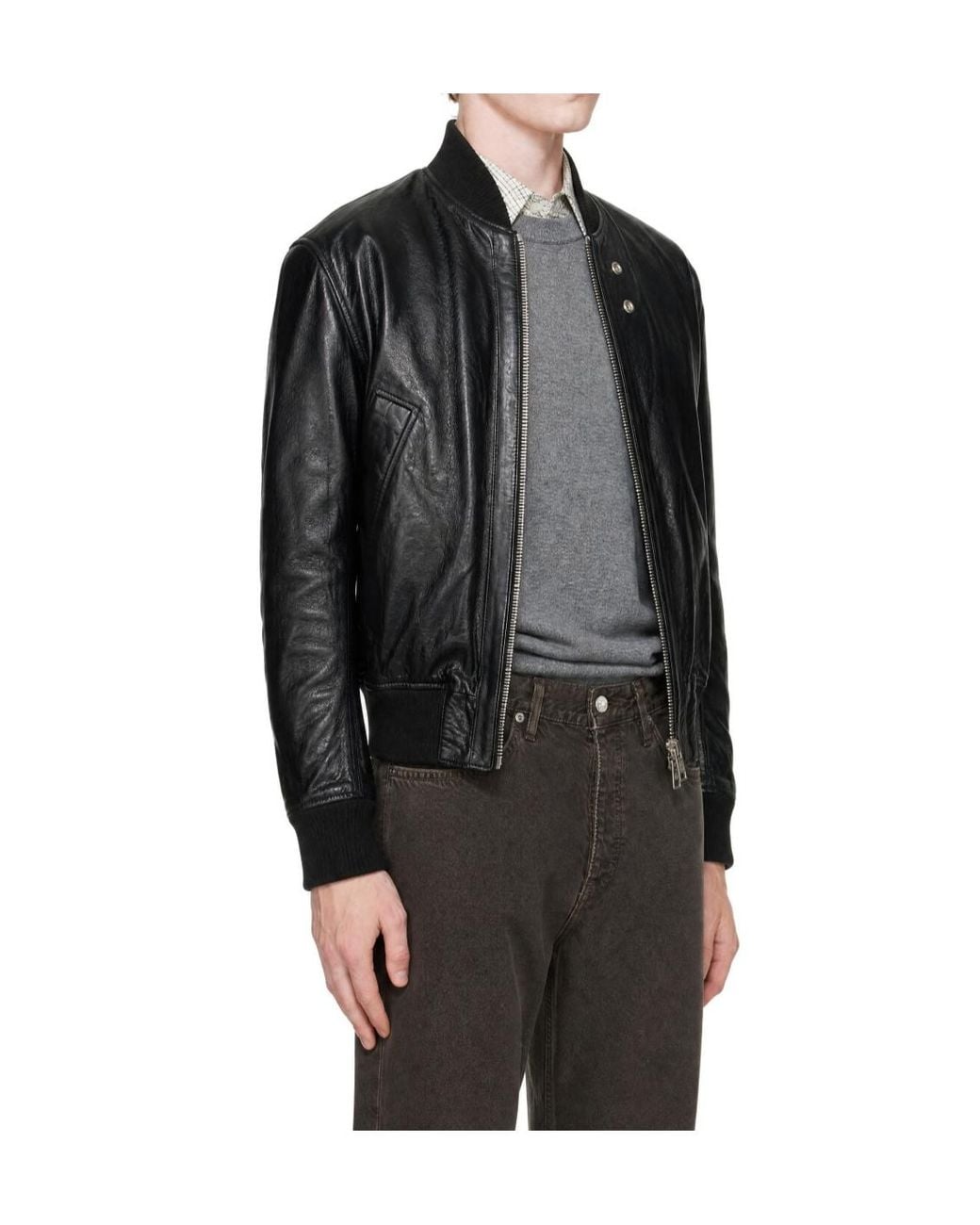 sunflower Black Zip-Up Leather Bomber Jacket for men