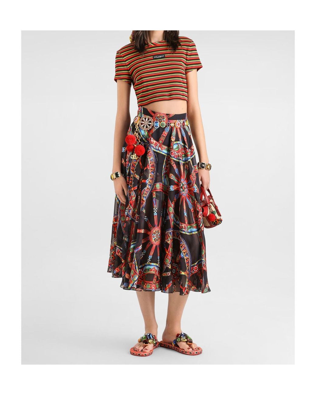 Dolce & Gabbana Multicolor Logo Stripe Cropped T-Shirt