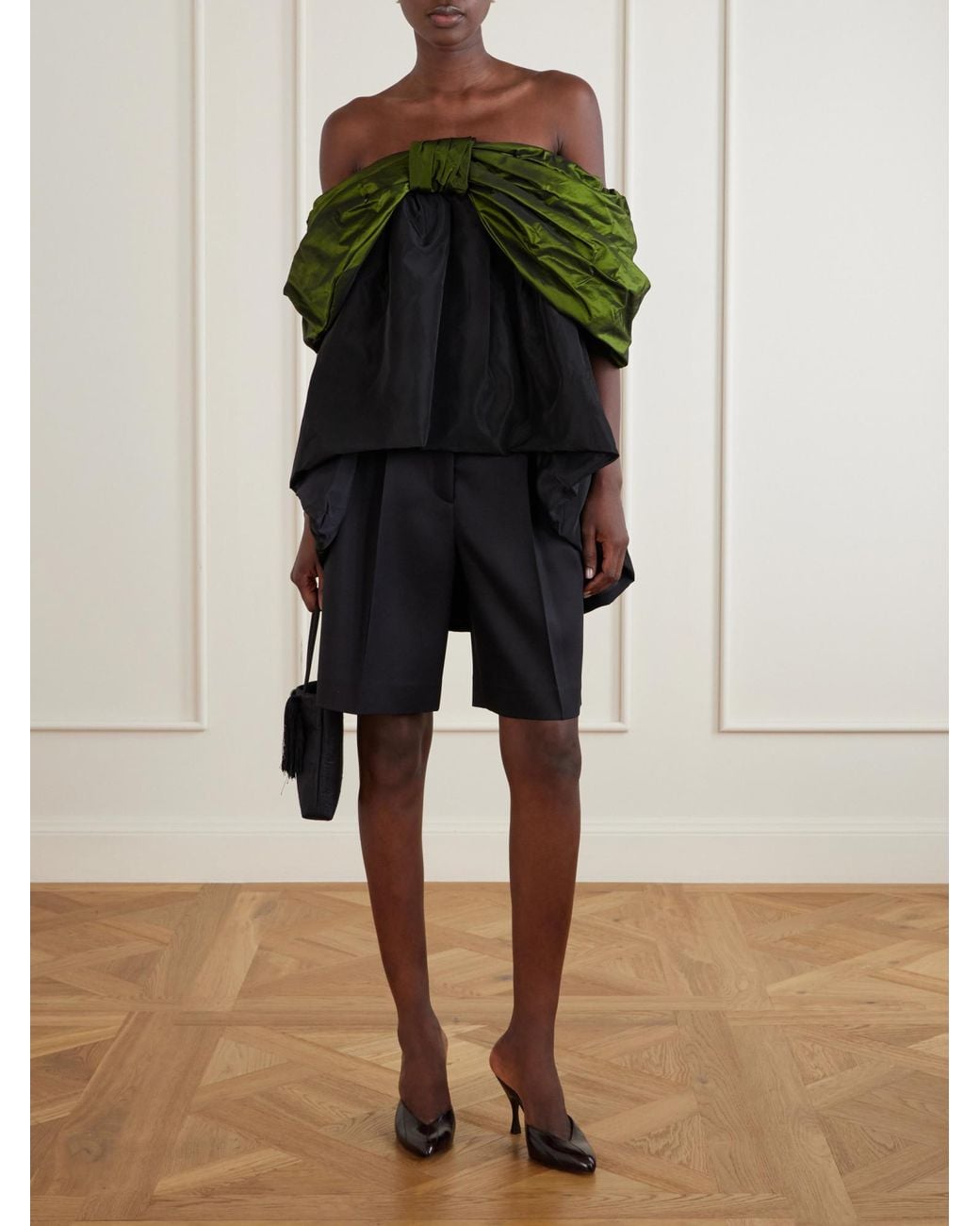 Simone Rocha Green Bow-Detailed Gathered Taffeta Blouse