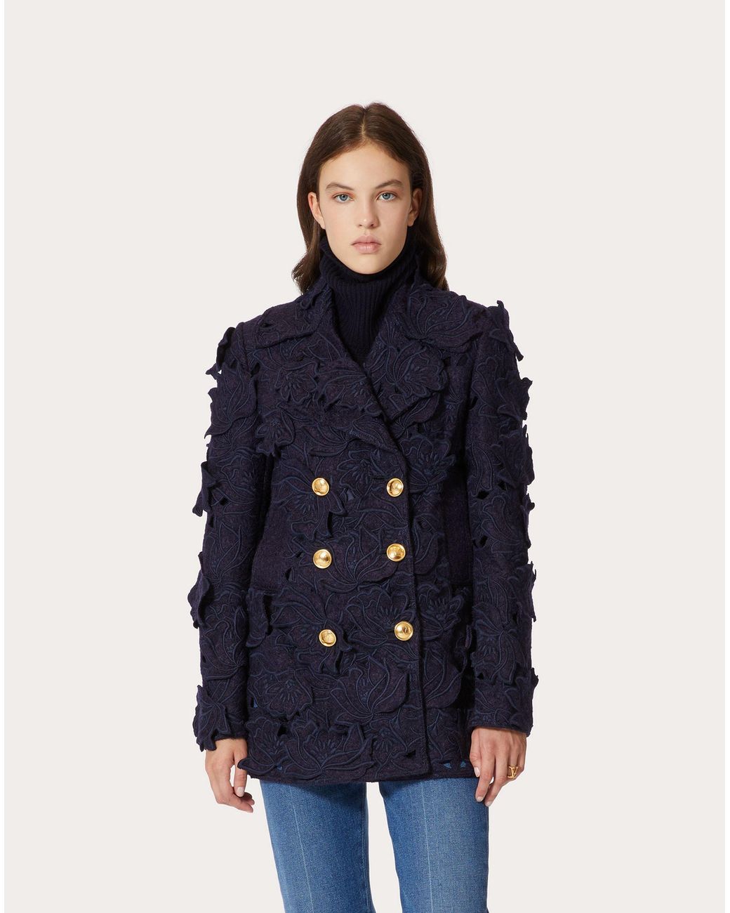 Valentino Blue Double-Breasted Appliqué-Detail Coat