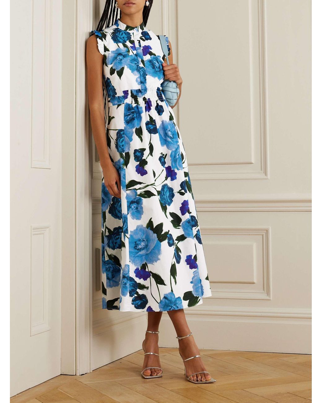 Erdem Blue Floral-Print Cotton Midi Dress