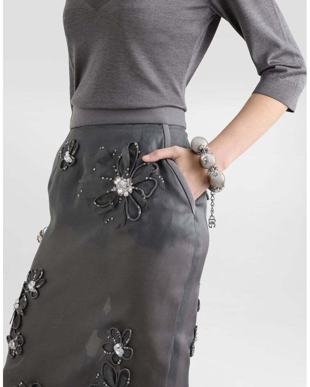Dolce & Gabbana Gray Floral-Appliqué Midi Skirt