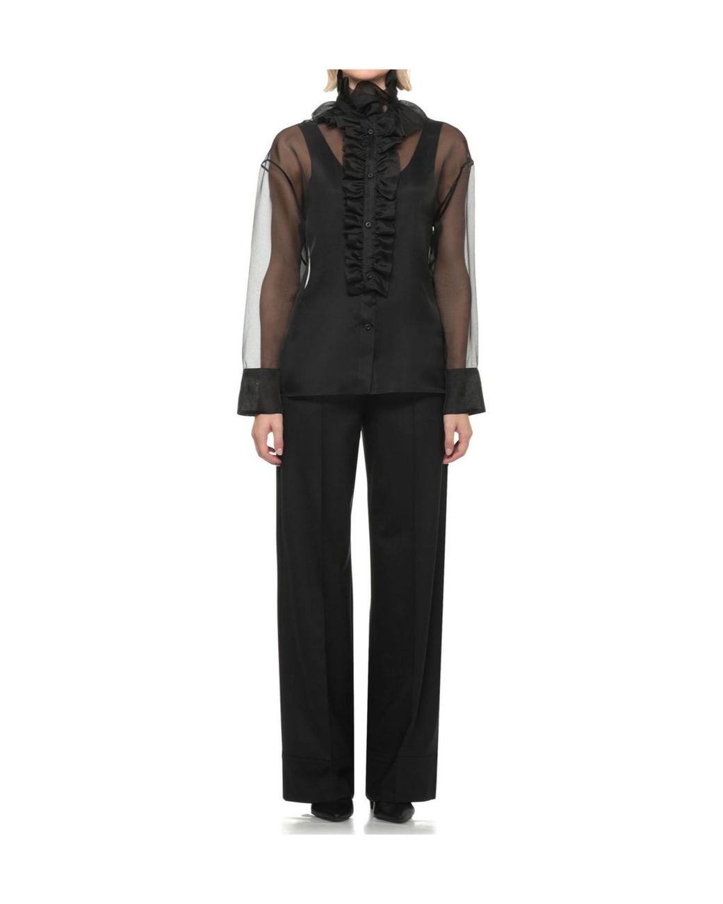 D.exterior Gray Ruffled Sheer Button-Up Top