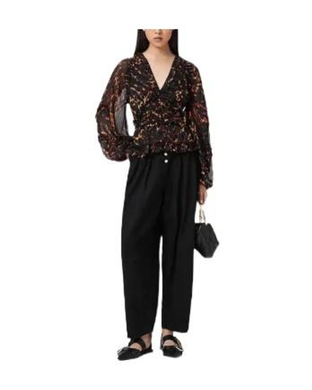 AllSaints Black Ruffled Animal-Print Blouse