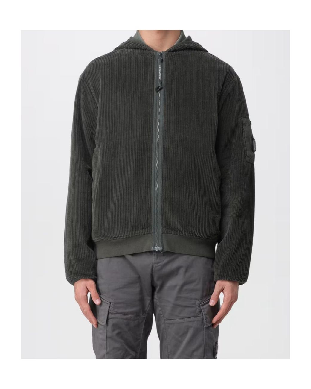 C P Company Black Corduroy 350 Full Zip Hooded Sweatshirt for men