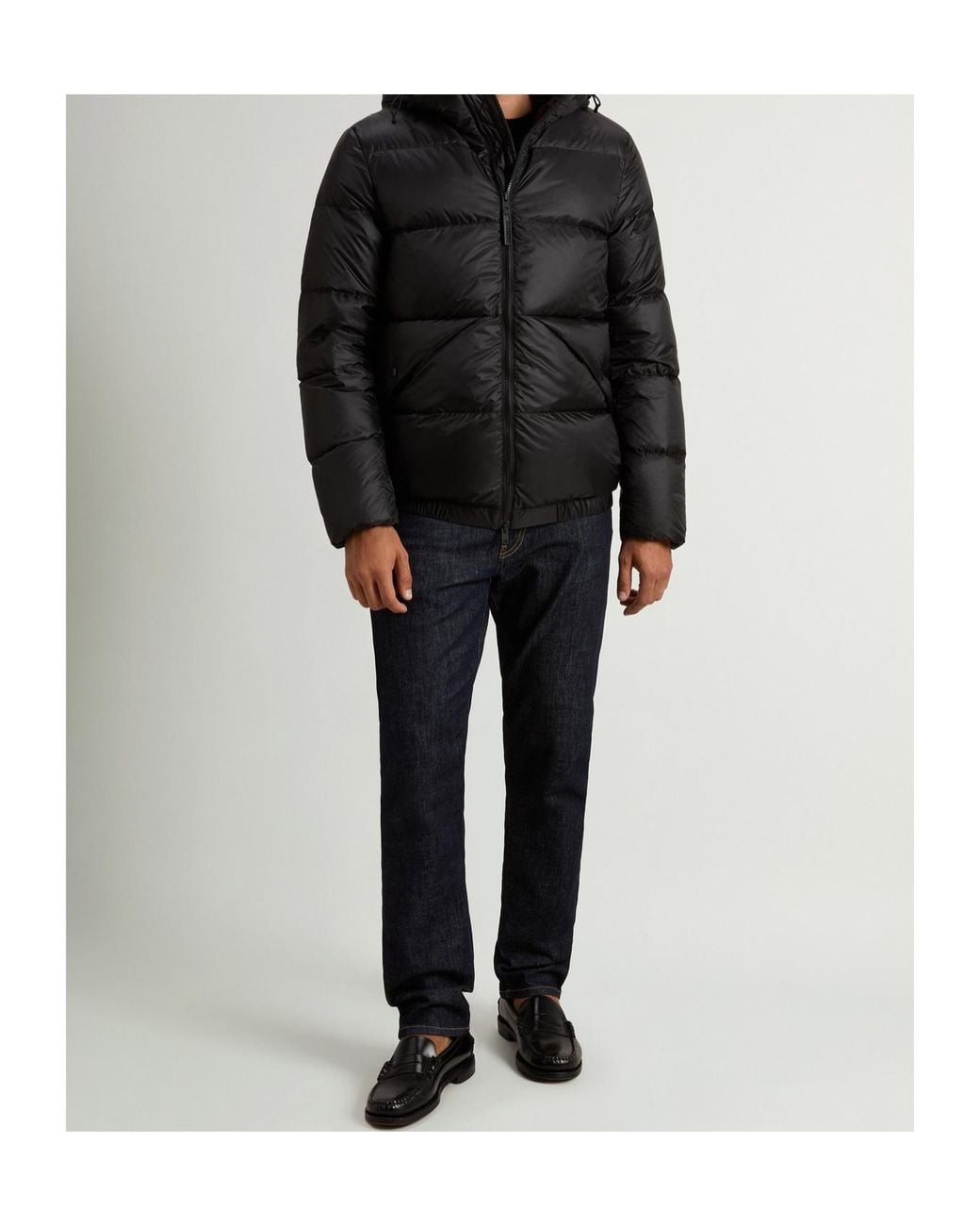 Woolrich Black Striped Quilted Hooded Jacket With Drawstring & Concealed Two-Way Zip for men