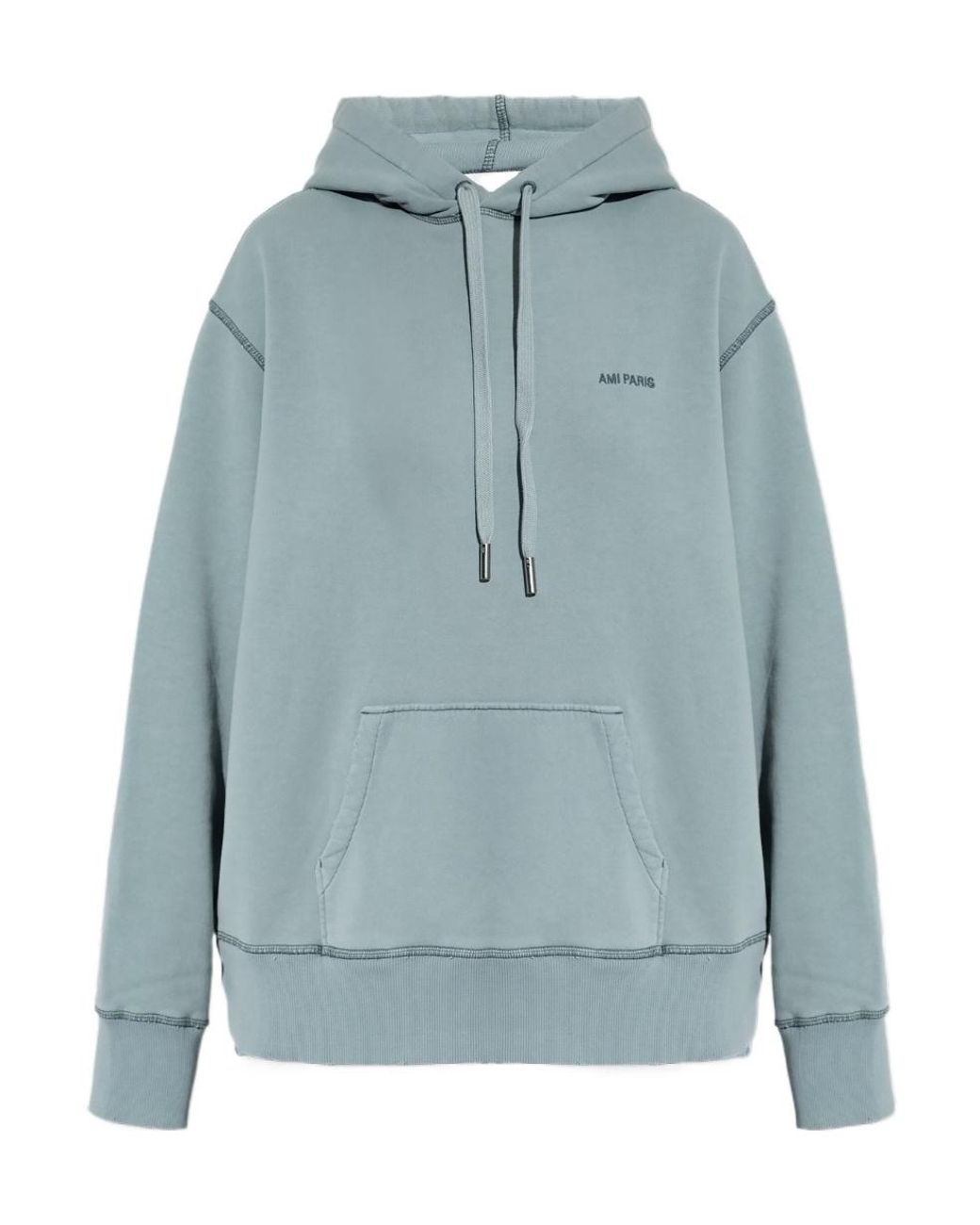AMI Blue Logo Embroidered Drawstring Hoodie for men
