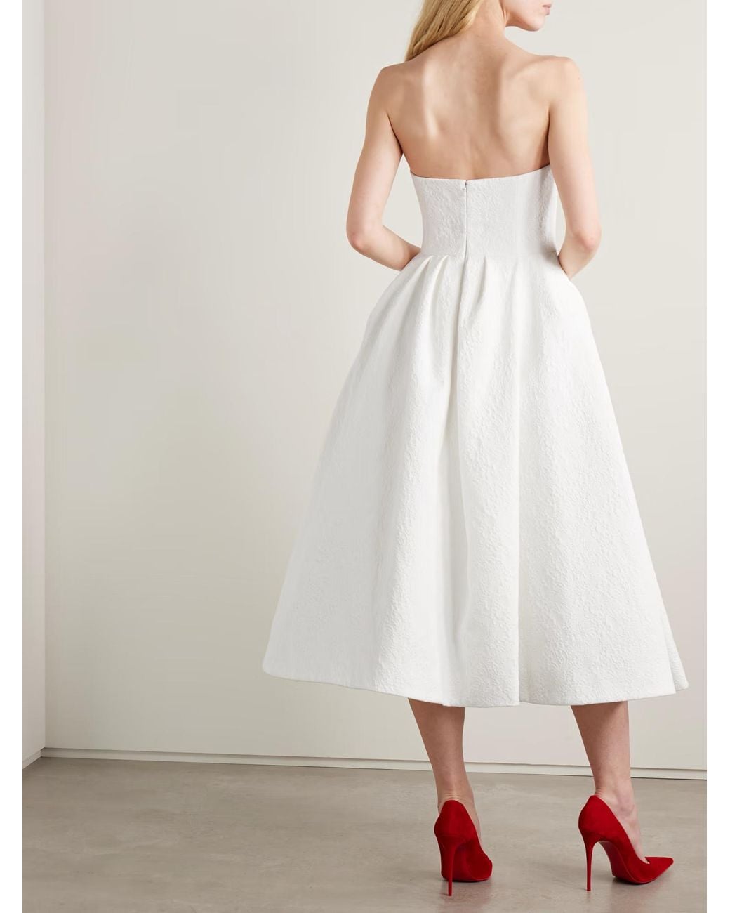 Carolina Herrera White Pleated Floral Pattern Dress
