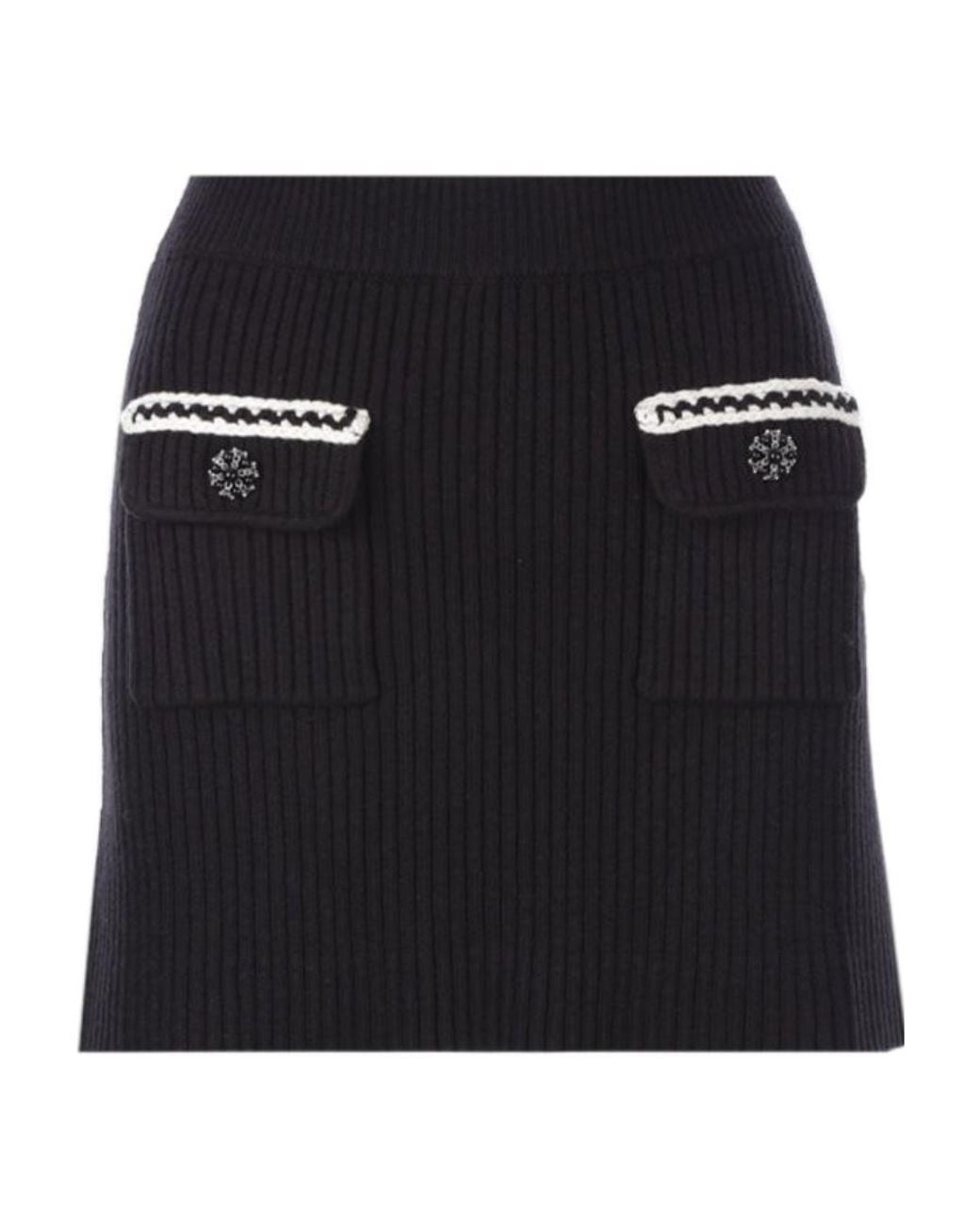 Self-Portrait Black Flap-Pocket Rib-Knit Skirt