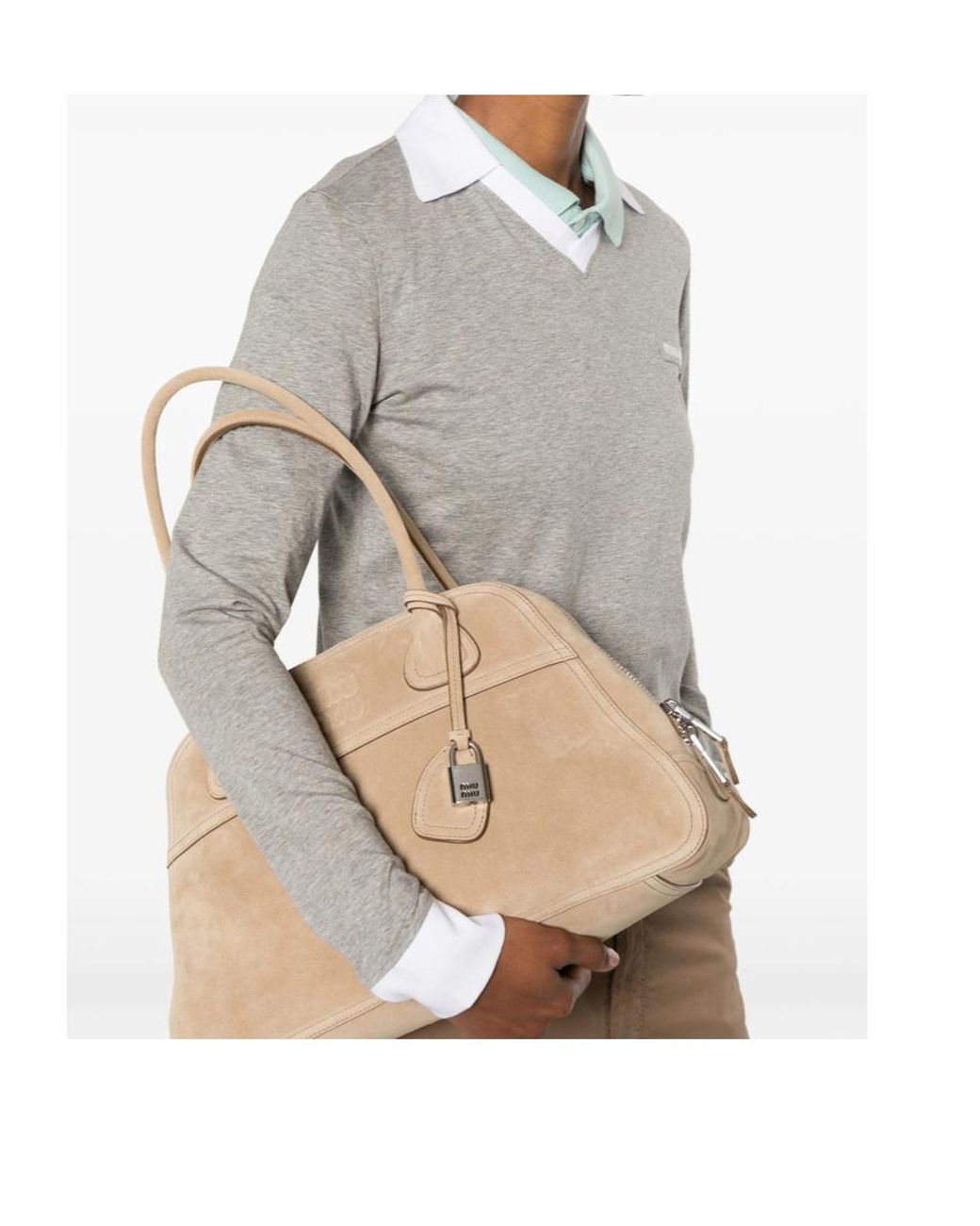 Miu Miu Natural Logo-Embossed Suede Tote Bag