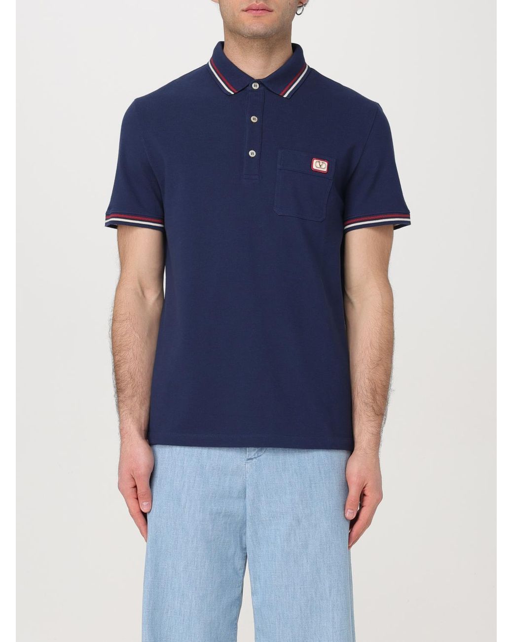 Valentino Blue Logo Embroidered Button Detailed Polo Shirt for men