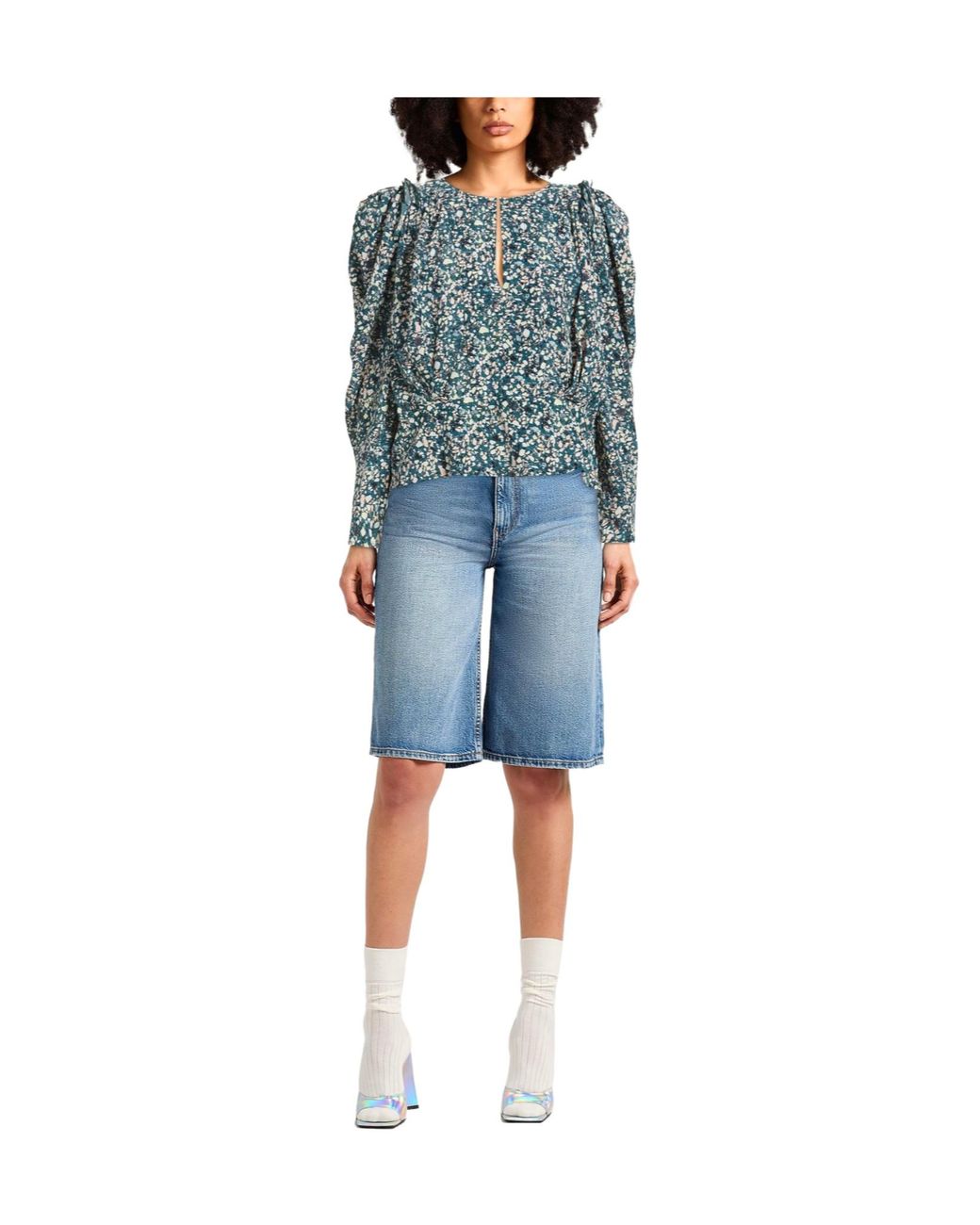 Isabel Marant Blue Multi-Color Crew Neck Stretch Blouse