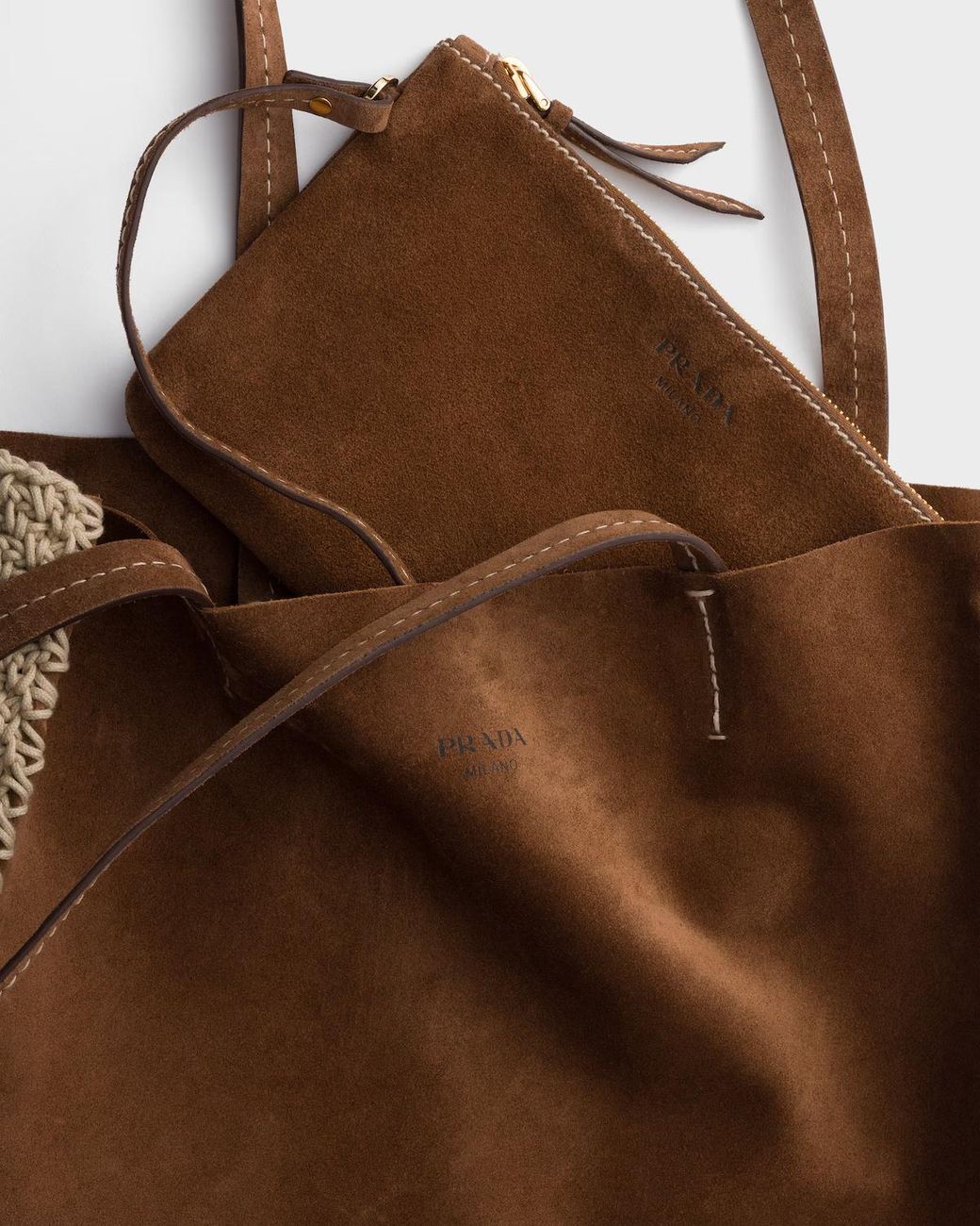 Prada Brown Large Suede And Crochet Tote Bag