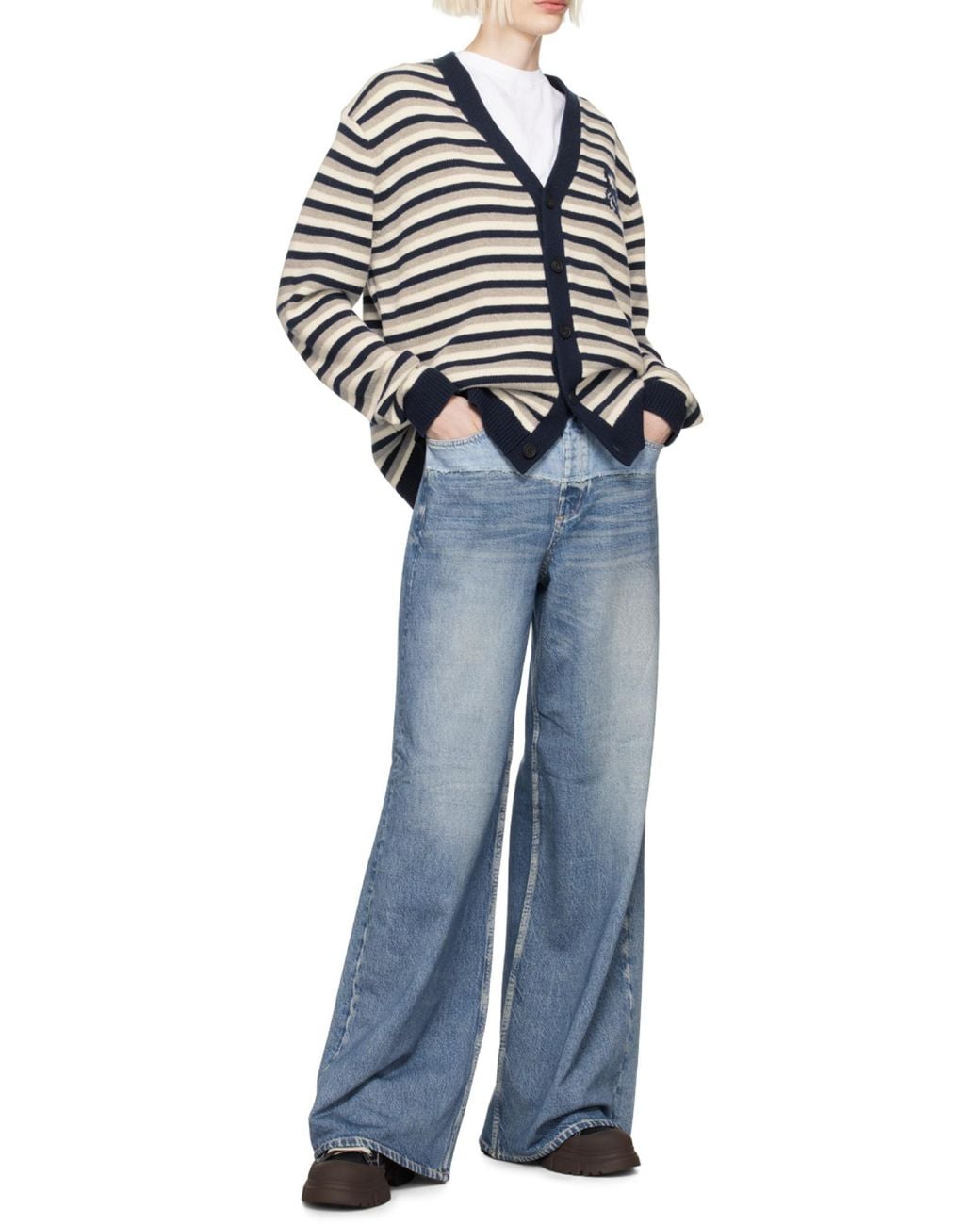 Maison Kitsuné Blue Fox Head Intarsia Striped Cardigan