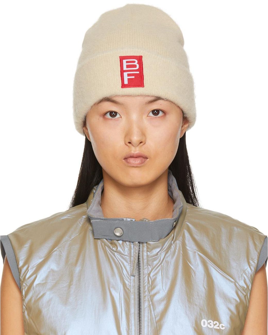 By Far White Logo Patch Turn-Up Brim Beanie