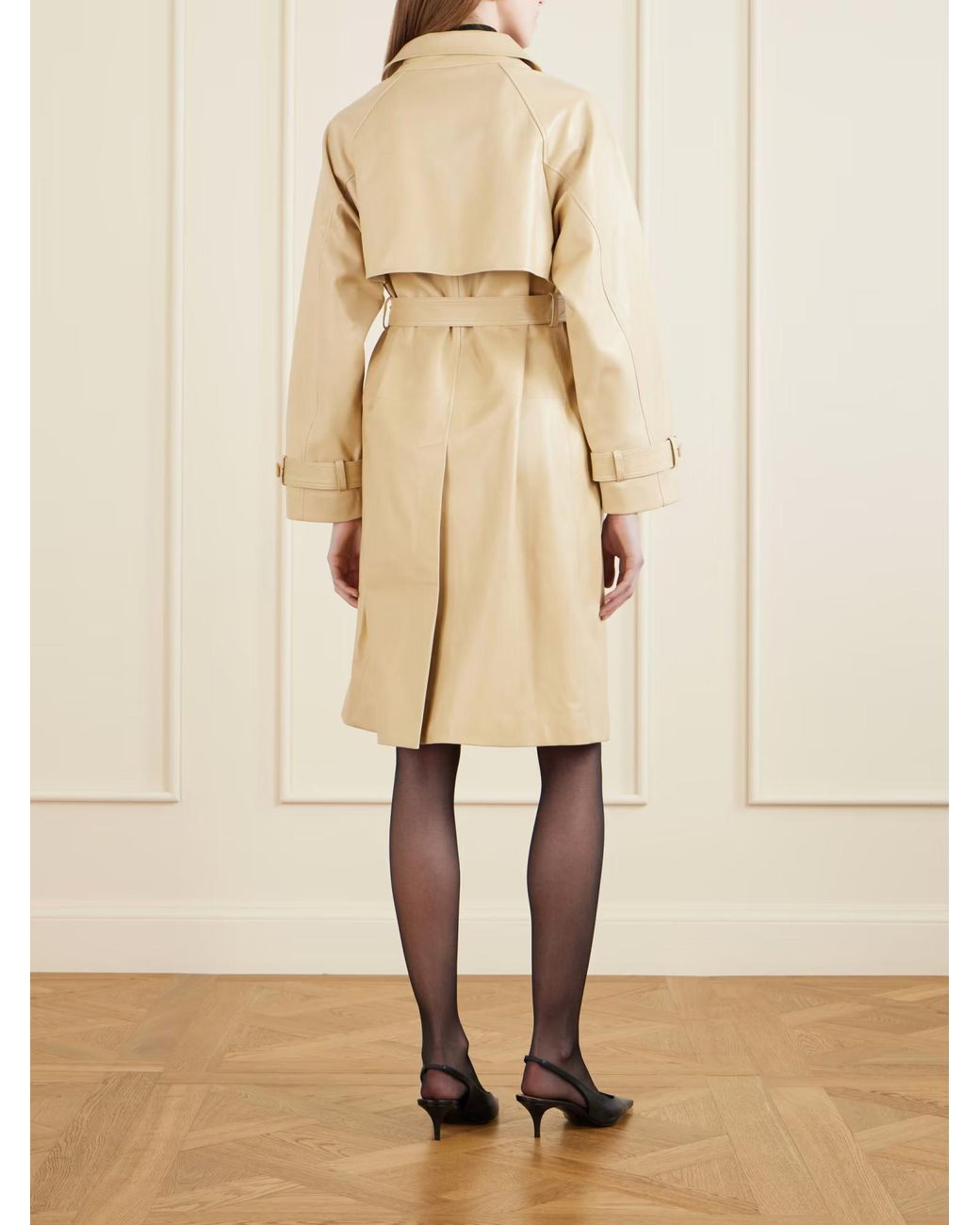 Nour Hammour Natural Double-Breasted Belted Leather Trench Coat