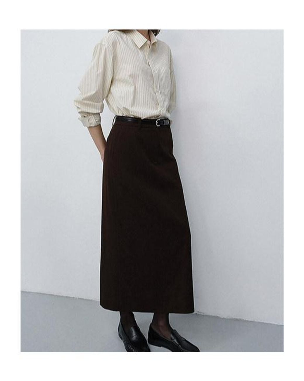 DUNST Brown Pinstripe Column Midi Skirt