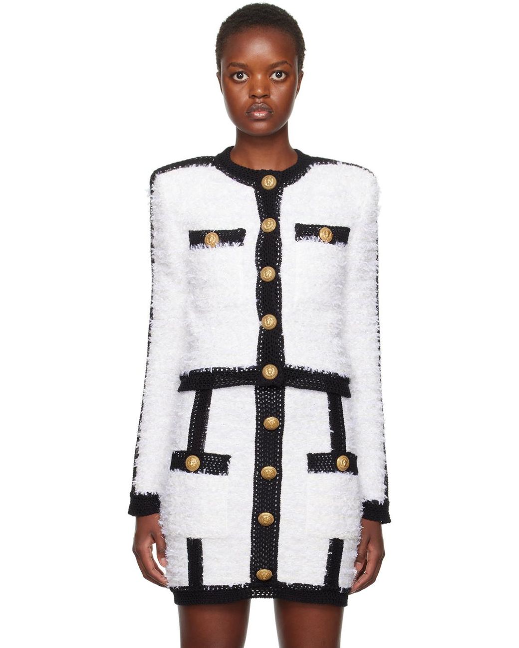 Balmain White Buttoned Cropped Tweed Jacket