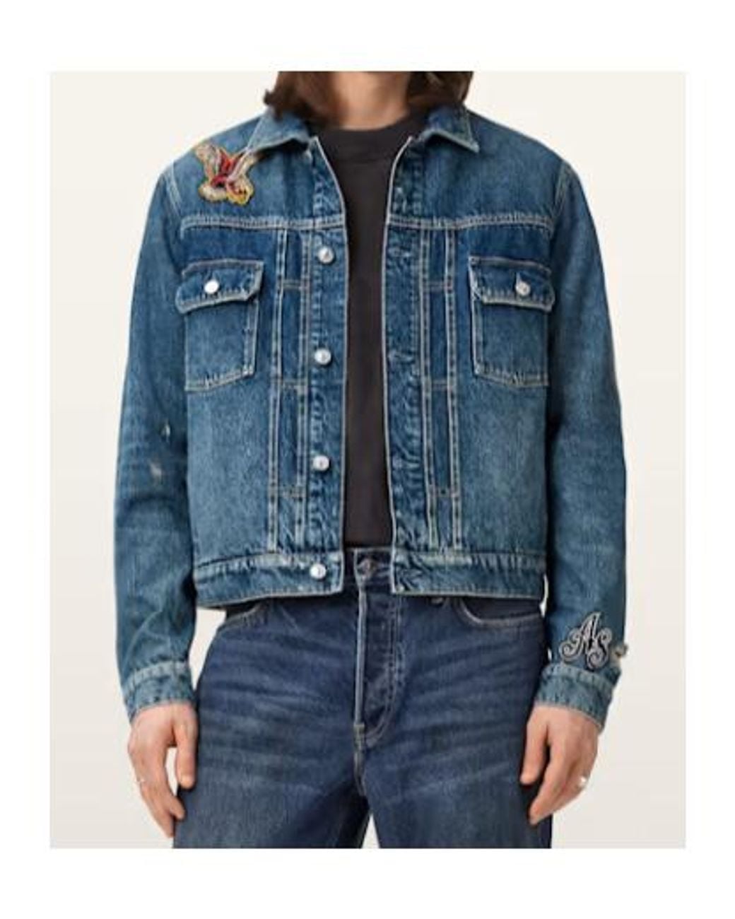 AllSaints Blue Exile Slim Fit Denim Patch Jacket for men